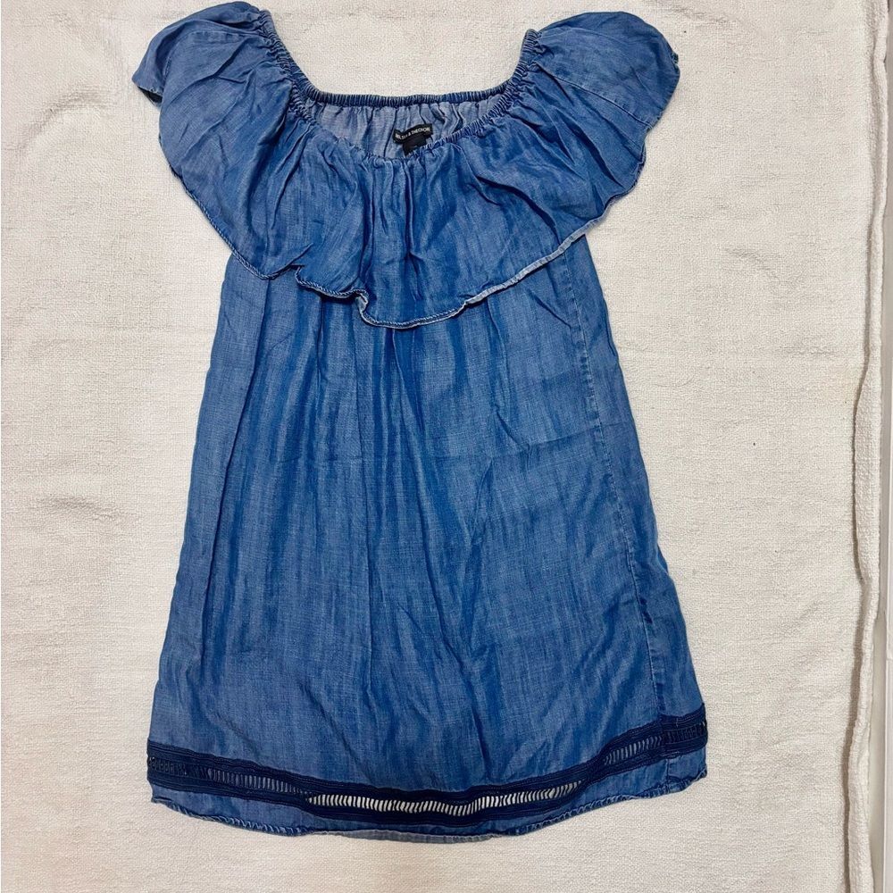 Women's off the‎ shoulder Denim Dress Ruffle Top  Vacation mini dress Sz Small